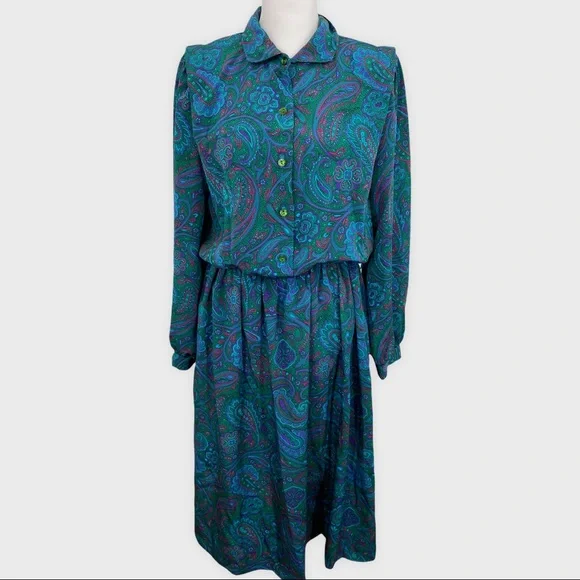 Vintage | Dresses | Vintage Walden Blue Purple Green Paisley Midi 